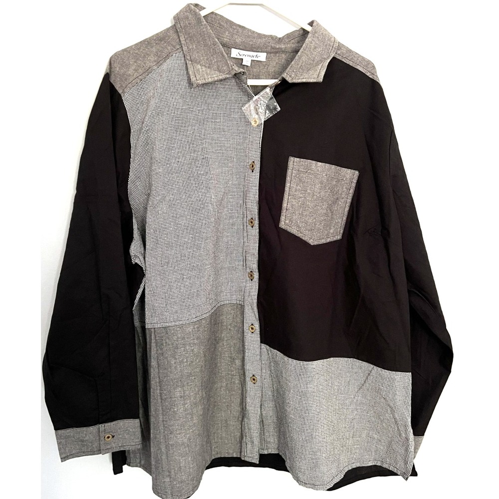 Serengetti Top Women 2XL Black/Gray Patchwork Colorblock Button‎ Long Sleeve NEW